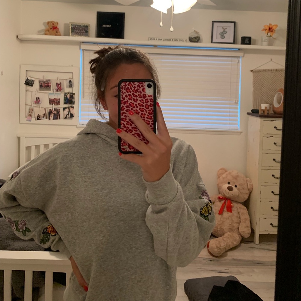Grey Hoodie with Embroidered Flower Sleeves